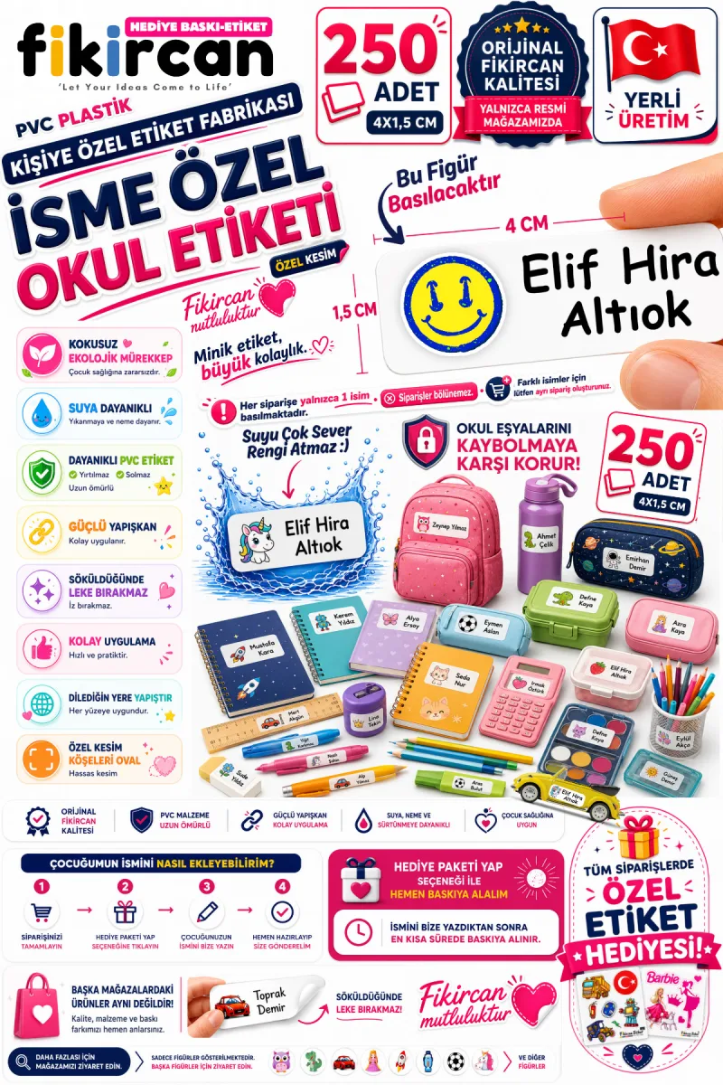 İsme Özel Okul Etiketi - 250 Adet - 1.5 x 4 cm - PVC Etiket - FİGÜR 45