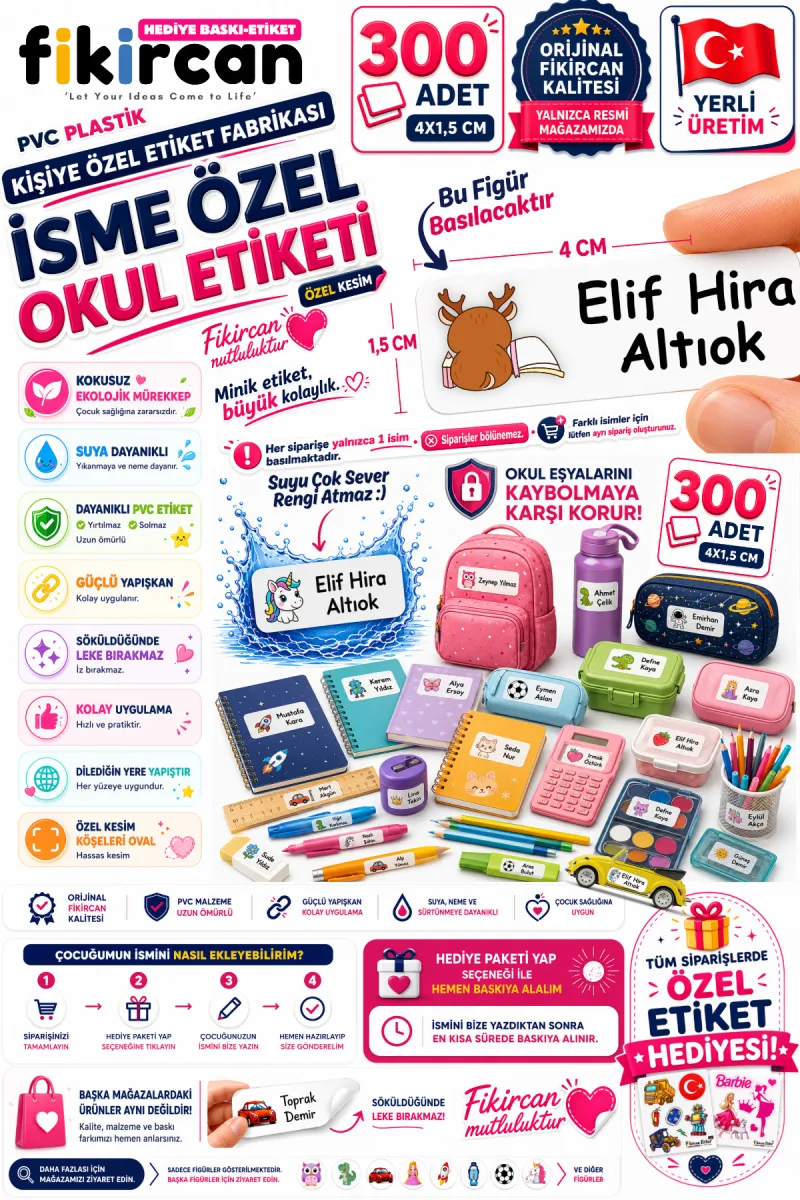 İsme Özel Okul Etiketi - 300 Adet - 1.5 x 4 cm - PVC Etiket - FİGÜR 91