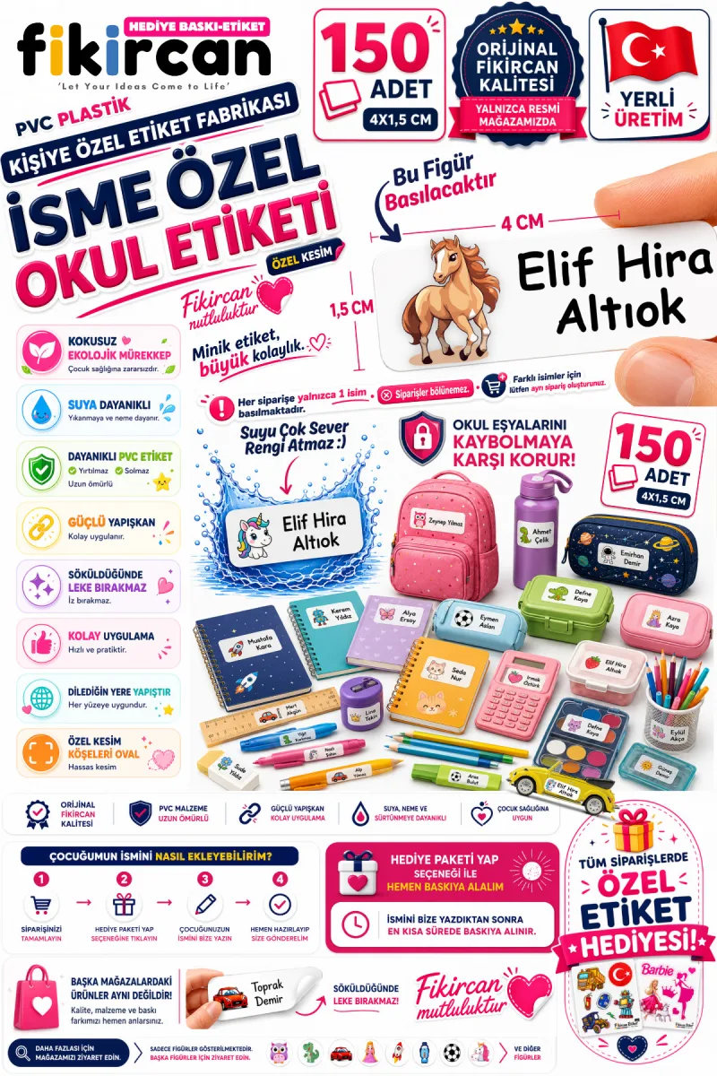 İsme Özel Okul Etiketi - 150 Adet - 1.5 x 4 cm - PVC Etiket - FİGÜR 105