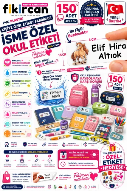 İsme Özel Okul Etiketi - 150 Adet - 1.5 x 4 cm - PVC Etiket - FİGÜR 105