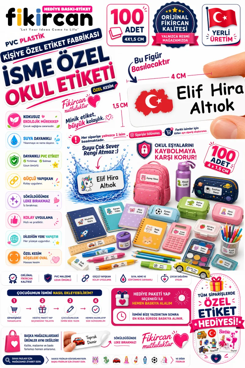 İsme Özel Okul Etiketi - 100 Adet - 1.5 x 4 cm - PVC Etiket - FİGÜR 133