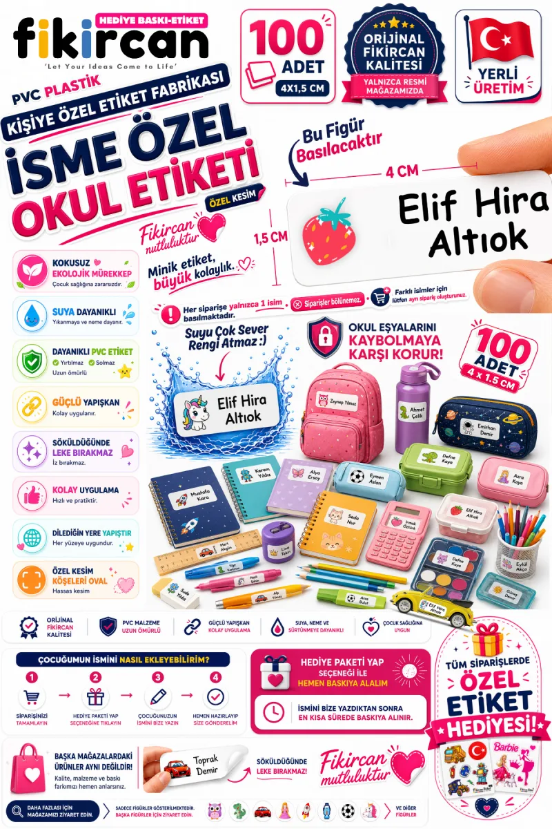İsme Özel Okul Etiketi - 100 Adet - 1.5 x 4 cm - PVC Etiket - FİGÜR 31 — fotoğraf 1