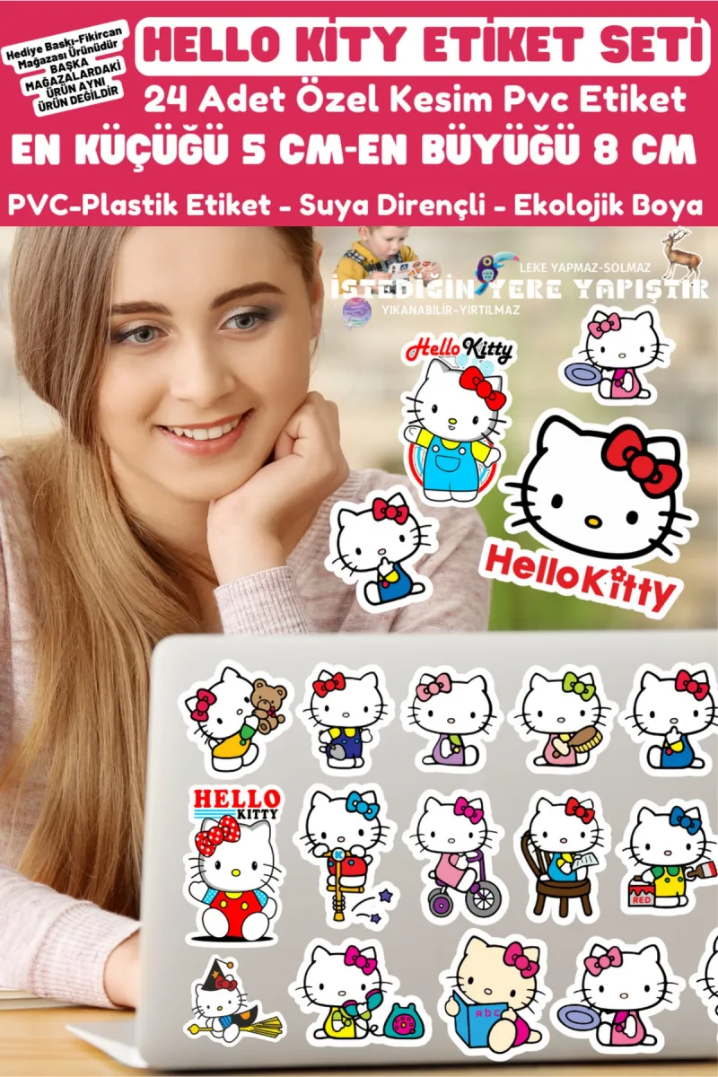 - Hello Kitty Etiket Seti - 24 Adet - Pvc Etiket - Laptop Tablet Vb. Tüm Ürünlere Yapışır — fotoğraf 2