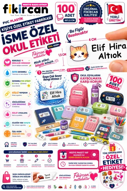 İsme Özel Okul Etiketi - 100 Adet - 1.5 x 4 cm - PVC Etiket - FİGÜR 98