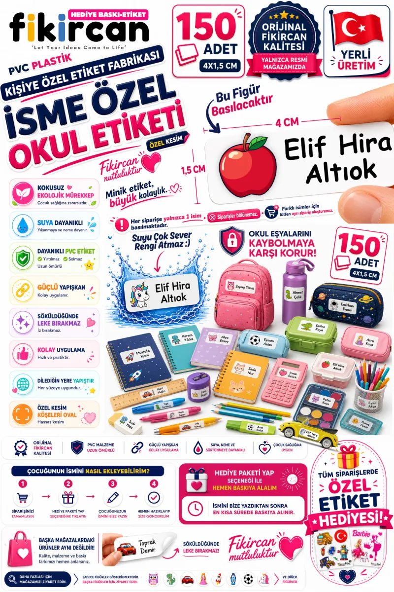 İsme Özel Okul Etiketi - 150 Adet - 1.5 x 4 cm - PVC Etiket - FİGÜR 110