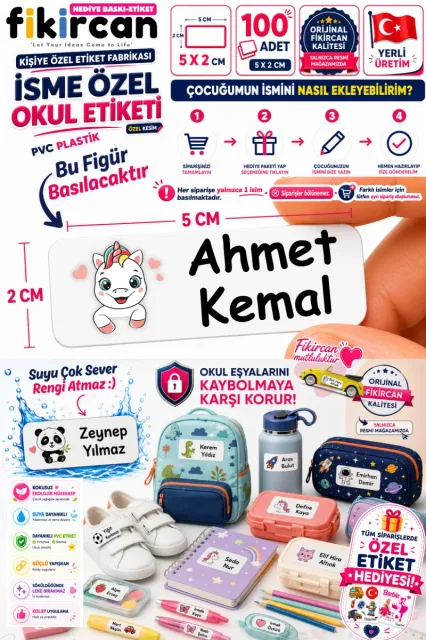 İsme Özel Okul Etiketi - 100 Adet - 5 x 2 cm - PVC Etiket - FİGÜR 6