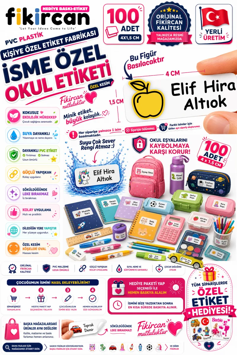 İsme Özel Okul Etiketi - 100 Adet - 1.5 x 4 cm - PVC Etiket - FİGÜR 109