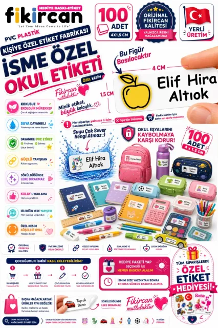 İsme Özel Okul Etiketi - 100 Adet - 1.5 x 4 cm - PVC Etiket - FİGÜR 109