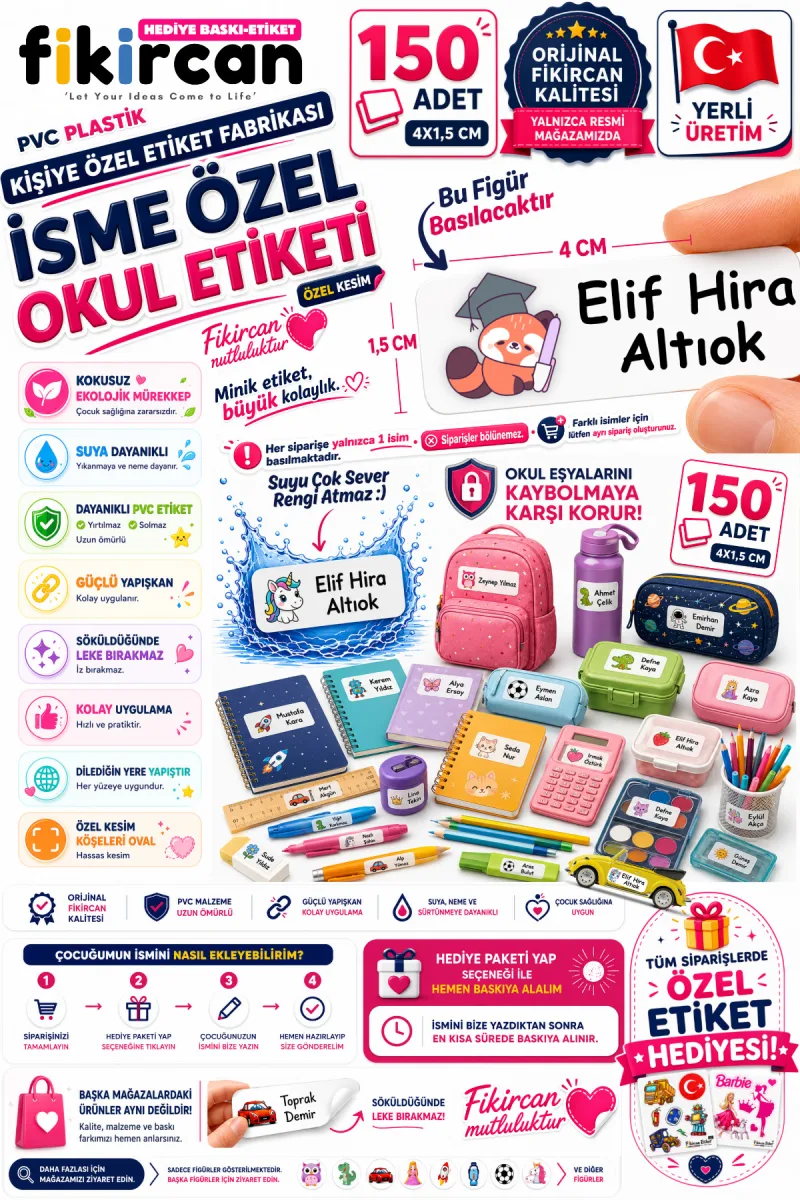 İsme Özel Okul Etiketi - 150 Adet - 1.5 x 4 cm - PVC Etiket - FİGÜR 60