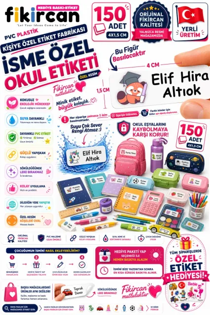 İsme Özel Okul Etiketi - 150 Adet - 1.5 x 4 cm - PVC Etiket - FİGÜR 60