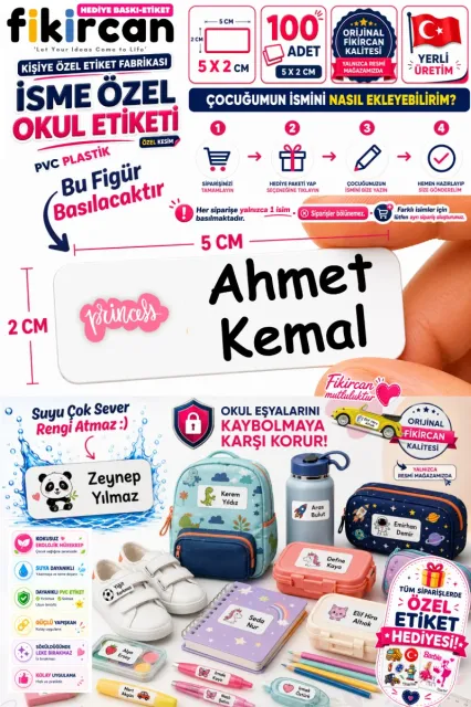 İsme Özel Okul Etiketi - 100 Adet - 5 x 2 cm - PVC Etiket - FİGÜR 27