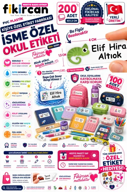 İsme Özel Okul Etiketi - 200 Adet - 1,5 x 4 cm - PVC Etiket - - FİGÜR 120