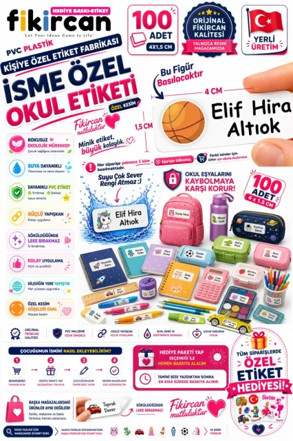 İsme Özel Okul Etiketi - 100 Adet - 1.5 x 4 cm - PVC Etiket - FİGÜR 87