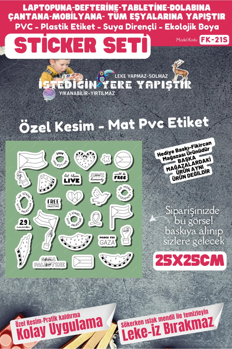 Fikircan Etiket Seti 25x25cm Pvc Sticker -Defter-Laptop-Tablet-Telefon-Dolap-Cam vb Her yere Yapışır — fotoğraf 1