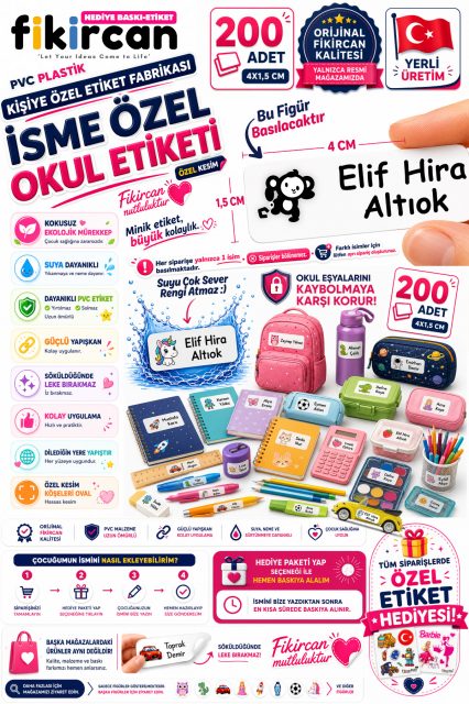 İsme Özel Okul Etiketi - 200 Adet - 1.5 x 4 cm - PVC Etiket - FİGÜR 16 1453260718267