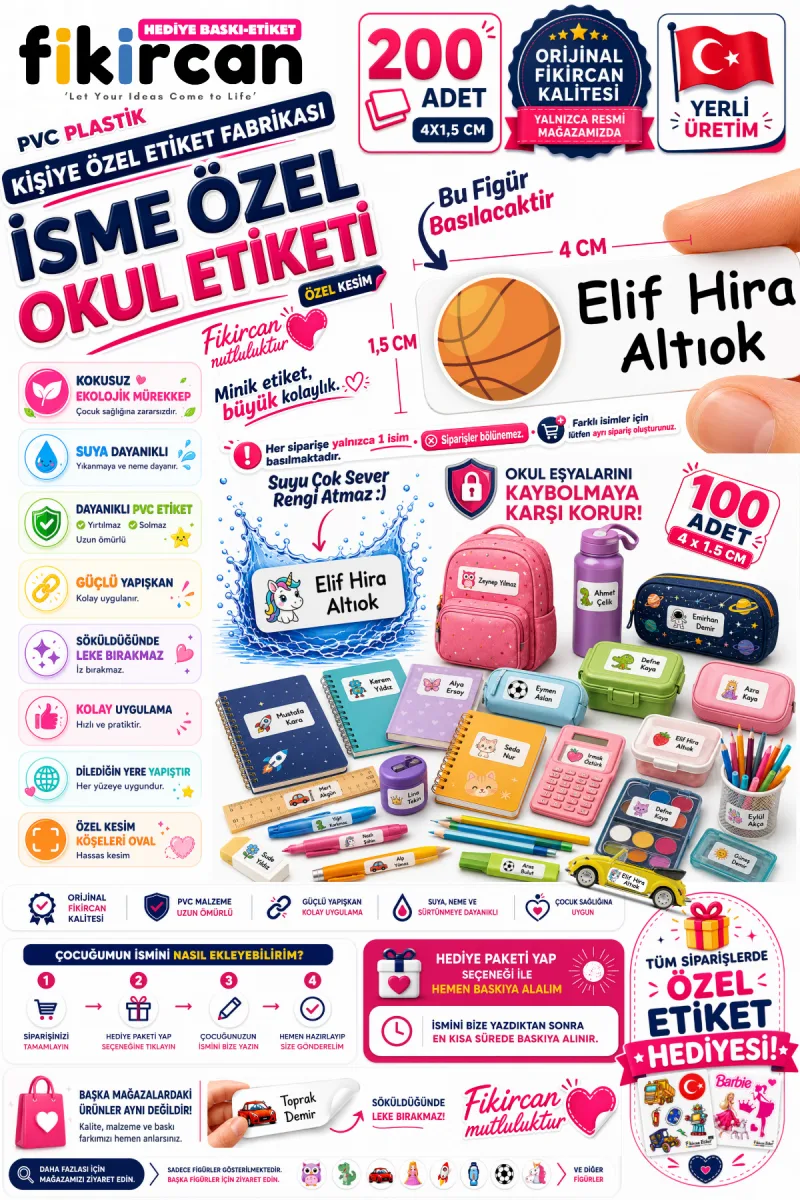 İsme Özel Okul Etiketi - 200 Adet - 1,5 x 4 cm - PVC Etiket - - FİGÜR 87 — fotoğraf 1