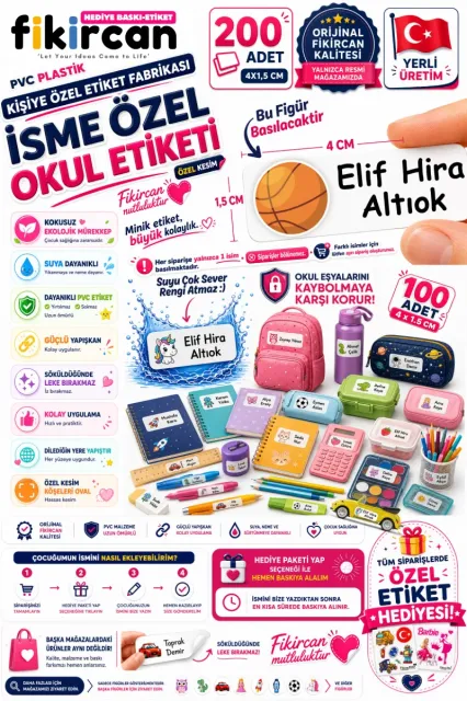 İsme Özel Okul Etiketi - 200 Adet - 1,5 x 4 cm - PVC Etiket - - FİGÜR 87