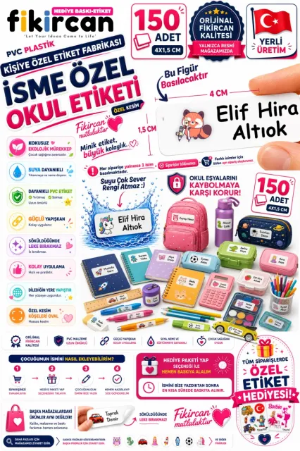 İsme Özel Okul Etiketi - 150 Adet - 1.5 x 4 cm - PVC Etiket - FİGÜR 62