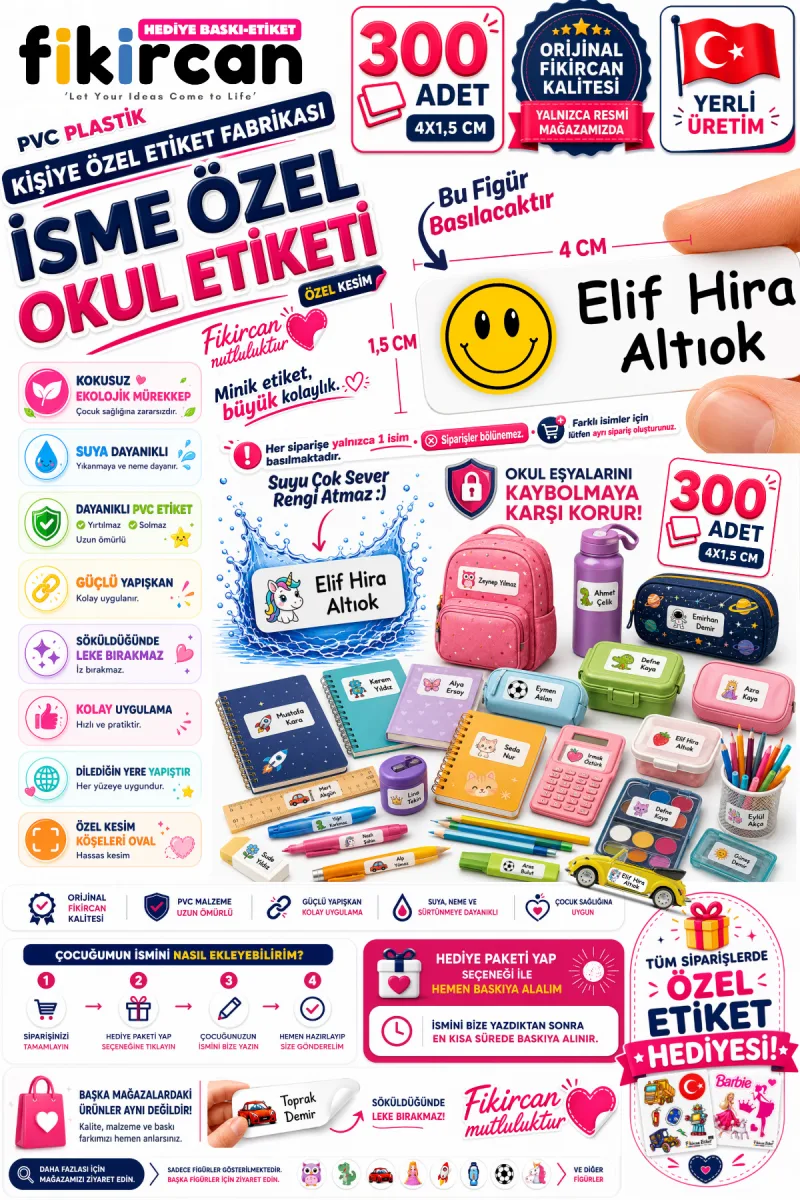 İsme Özel Okul Etiketi - 300 Adet - 1.5 x 4 cm - PVC Etiket - FİGÜR 30