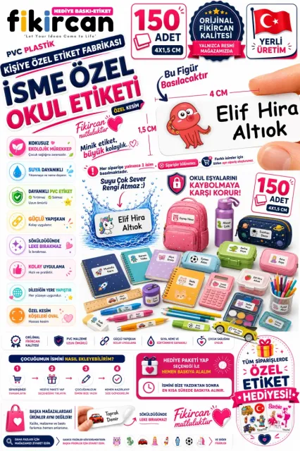 İsme Özel Okul Etiketi - 150 Adet - 1.5 x 4 cm - PVC Etiket - FİGÜR 121