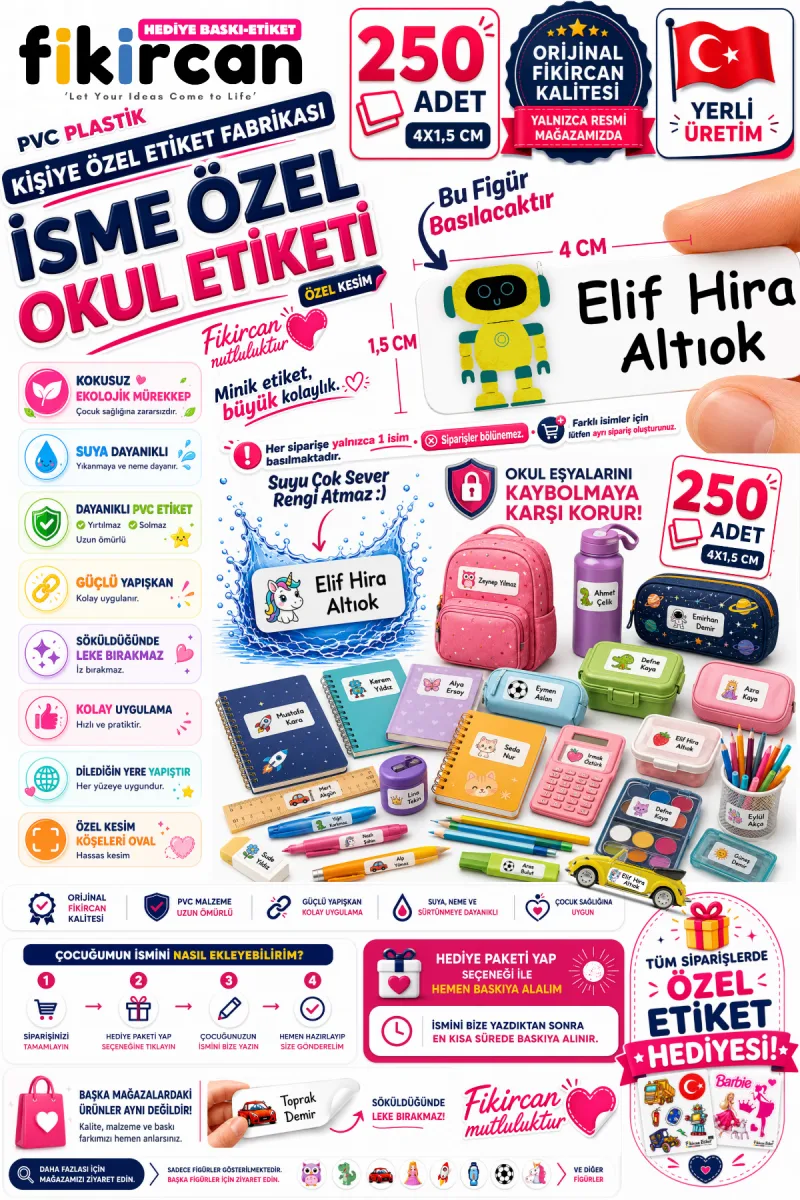 İsme Özel Okul Etiketi - 250 Adet - 1.5 x 4 cm - PVC Etiket - FİGÜR 74