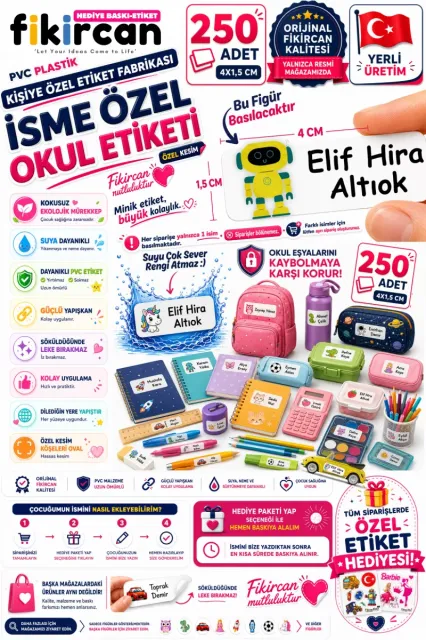 İsme Özel Okul Etiketi - 250 Adet - 1.5 x 4 cm - PVC Etiket - FİGÜR 74
