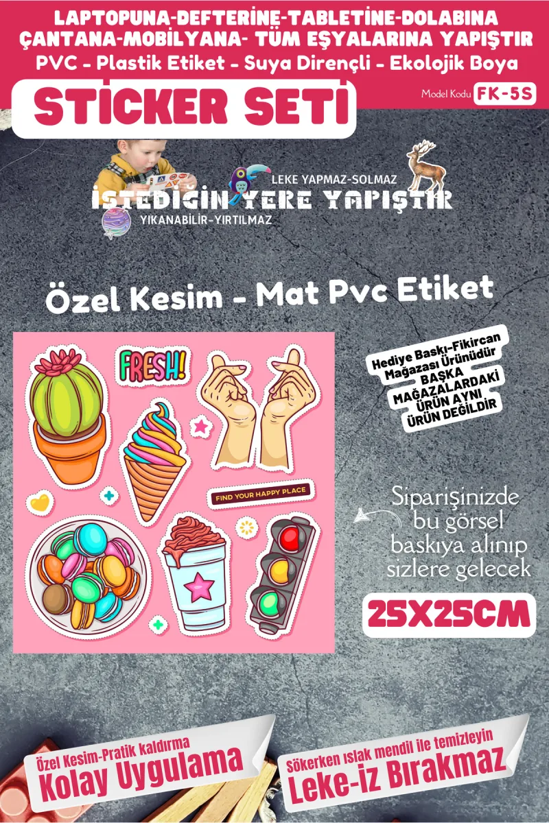 Fikircan Etiket Seti 25x25cm Pvc Sticker -Defter-Laptop-Tablet-Telefon-Dolap-Cam vb Her yere Yapışır — fotoğraf 1