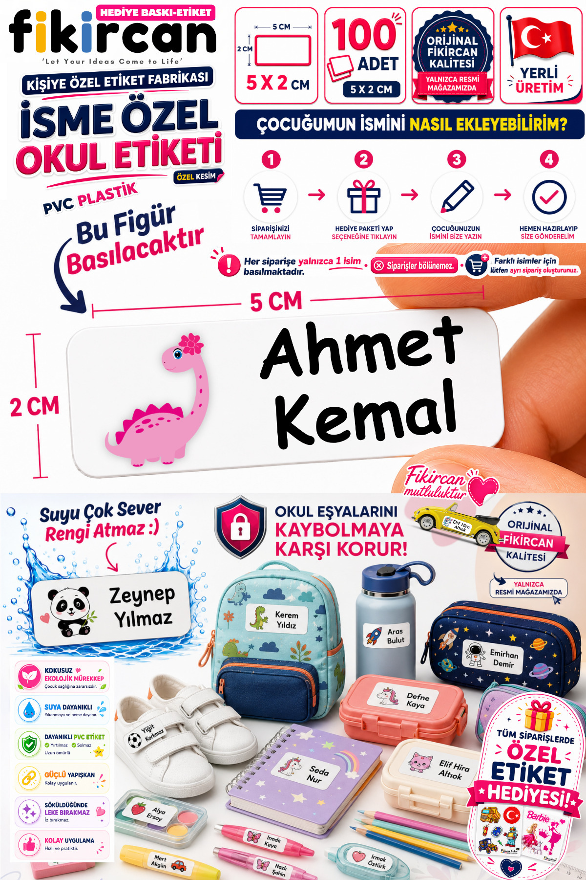 Isme Ozel Okul Etiketi - 100 Adet - 5 x 2 cm - PVC Etiket - FİGÜR 71