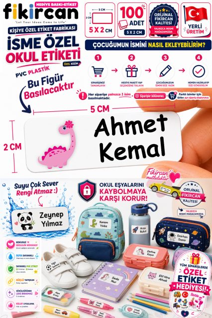 Isme Ozel Okul Etiketi - 100 Adet - 5 x 2 cm - PVC Etiket - FİGÜR 71
