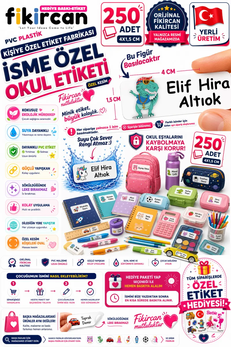 İsme Özel Okul Etiketi - 250 Adet - 1.5 x 4 cm - PVC Etiket - FİGÜR 72