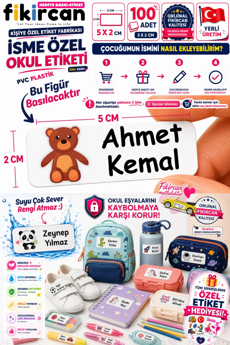 İsme Özel Okul Etiketi - 100 Adet - 5 x 2 cm - PVC Etiket - FİGÜR 29