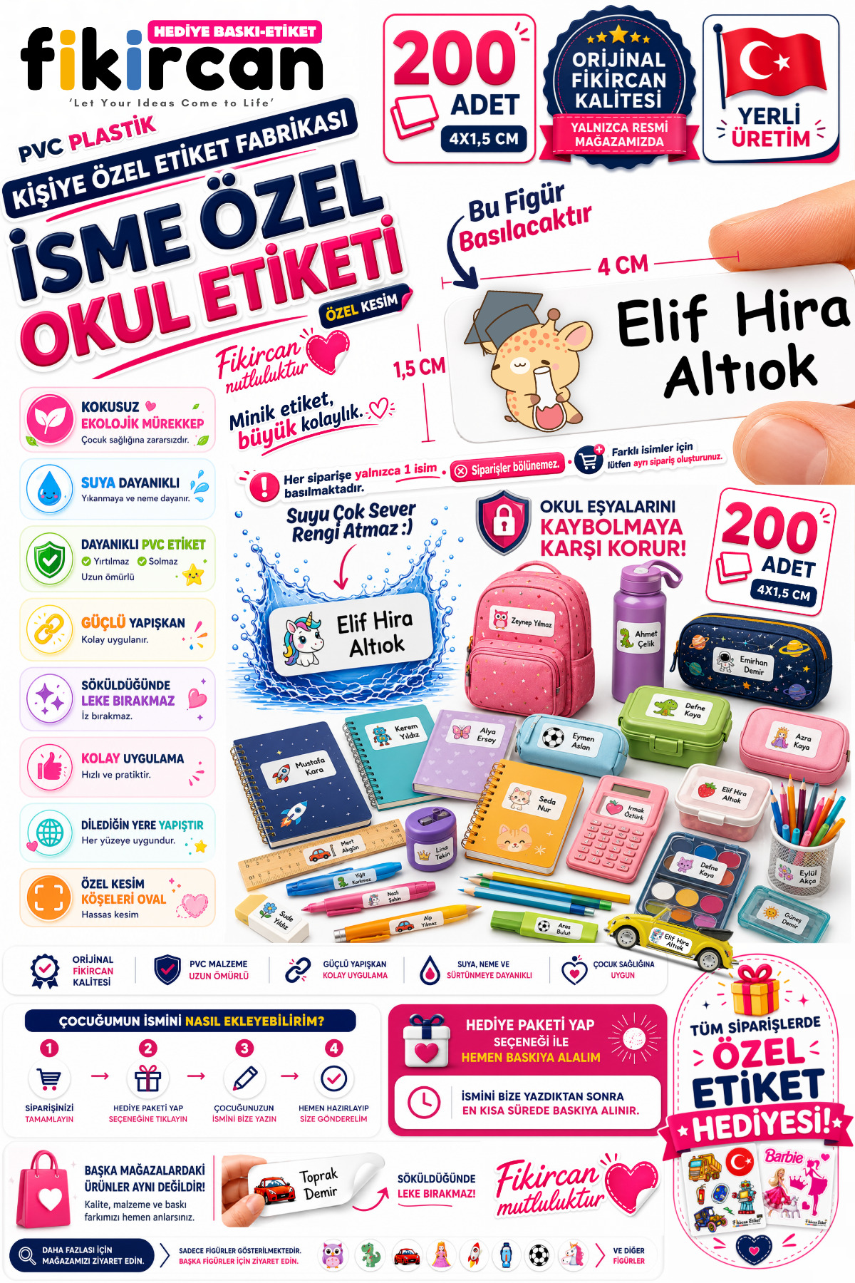 İsme Özel Okul Etiketi - 200 Adet - 1.5 x 4 cm - PVC Etiket - FİGÜR 108 1453260718214