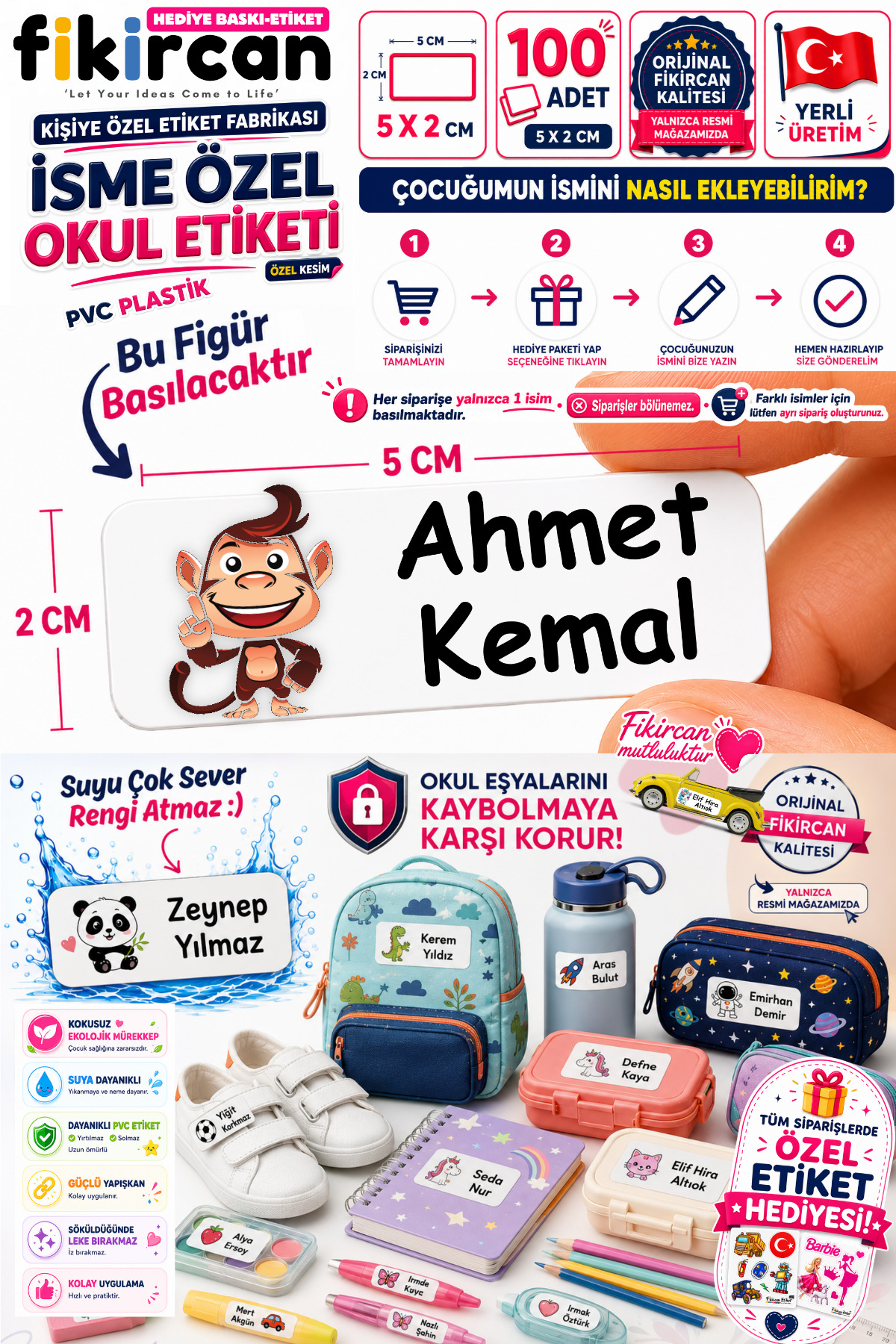 İsme Özel Okul Etiketi - 100 Adet - 5 x 2 cm - PVC Etiket - FİGÜR 122