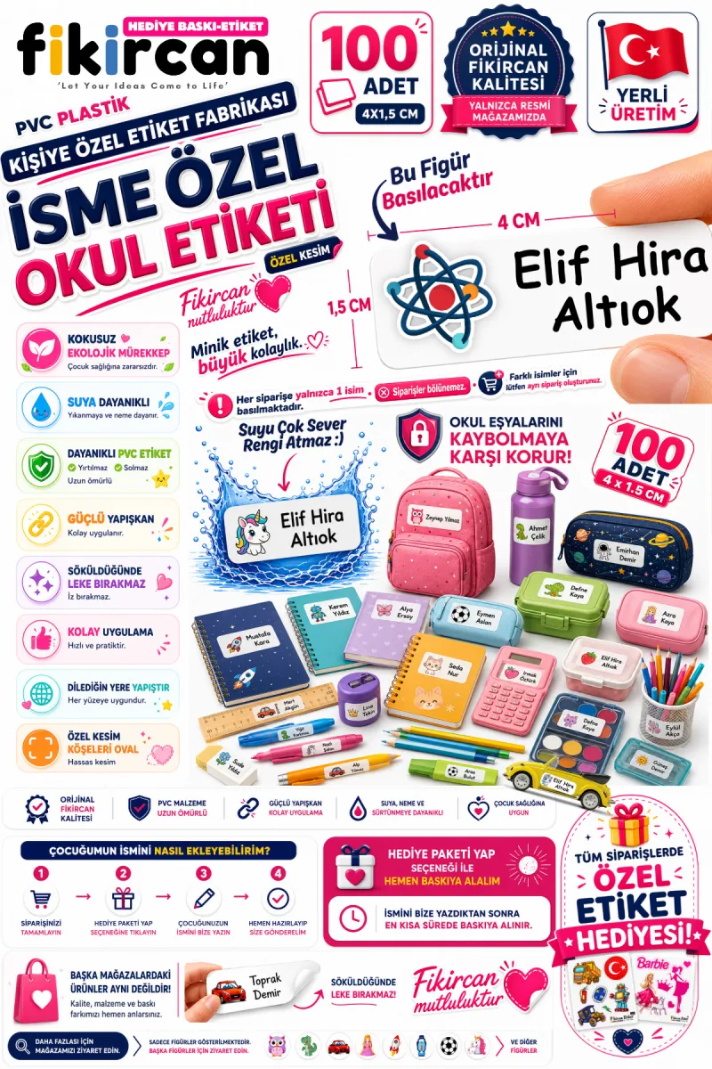 İsme Özel Okul Etiketi - 100 Adet - 1.5 x 4 cm - PVC Etiket - FİGÜR 88 — fotoğraf 1