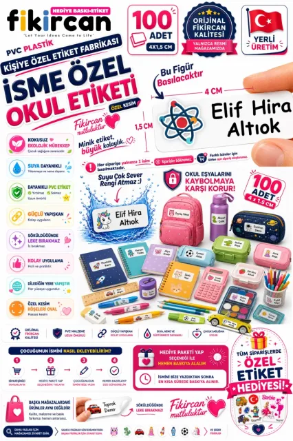 İsme Özel Okul Etiketi - 100 Adet - 1.5 x 4 cm - PVC Etiket - FİGÜR 88