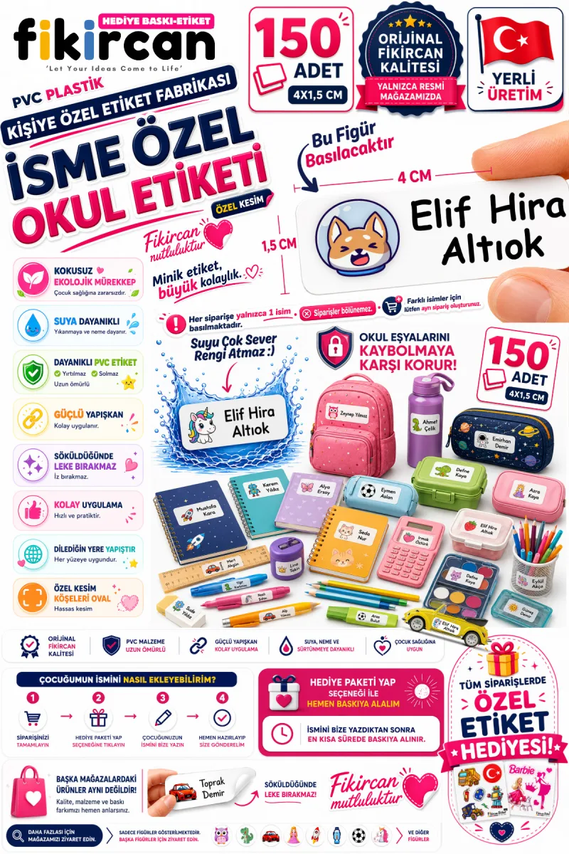 İsme Özel Okul Etiketi - 150 Adet - 1.5 x 4 cm - PVC Etiket - FİGÜR 114