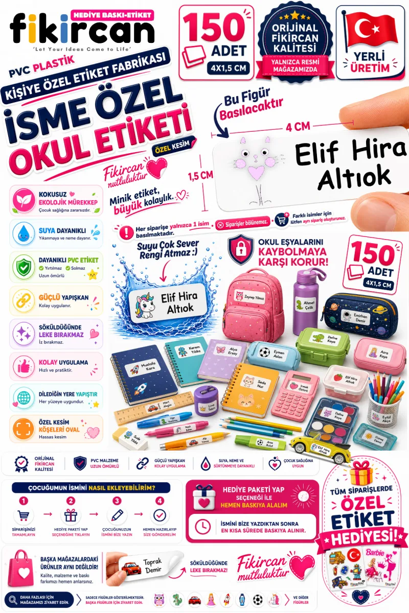 İsme Özel Okul Etiketi - 150 Adet - 1.5 x 4 cm - PVC Etiket - FİGÜR 89