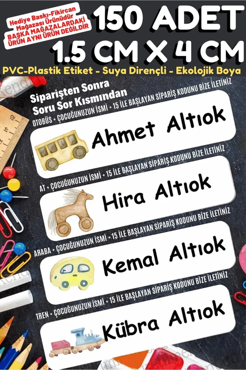 -isme Özel Okul Etiket Seti Sevimli Oyuncaklar - 150 Adet - Ekolojik Mürekkep Pvc Etiket — fotoğraf 1