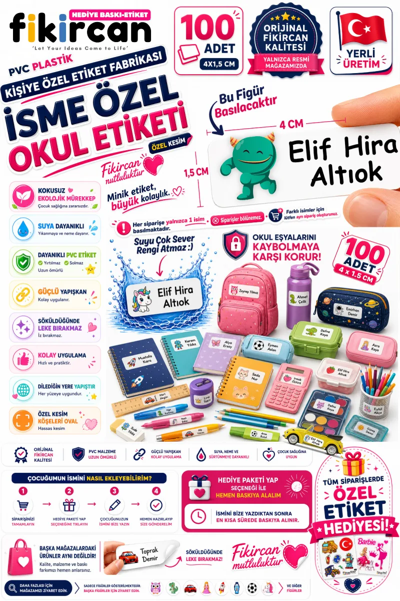 İsme Özel Okul Etiketi - 100 Adet - 1.5 x 4 cm - PVC Etiket - FİGÜR 19 — fotoğraf 1