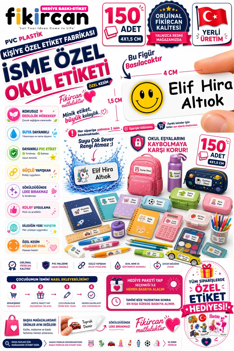 İsme Özel Okul Etiketi - 150 Adet - 1.5 x 4 cm - PVC Etiket - FİGÜR 30