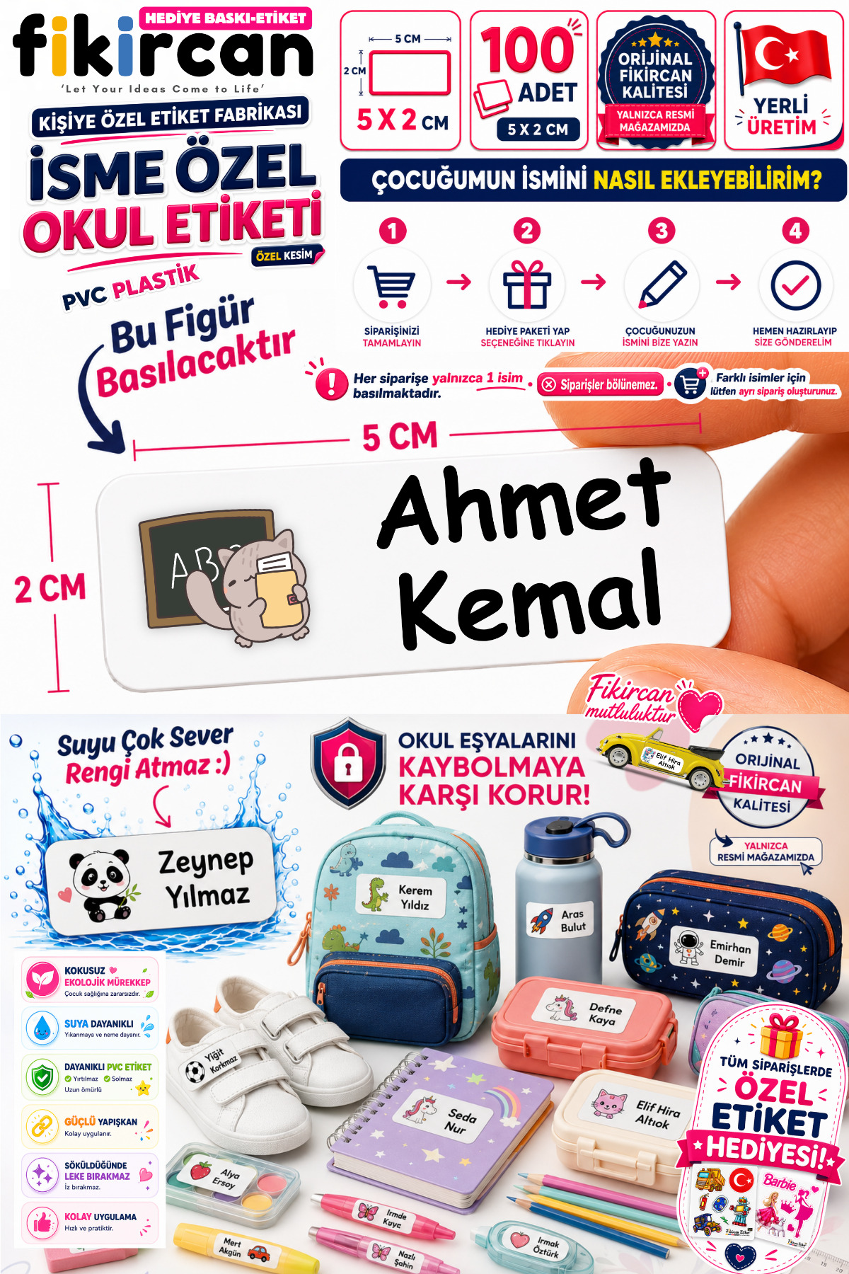 Isme Ozel Okul Etiketi - 100 Adet - 5 x 2 cm - PVC Etiket - FİGÜR 55