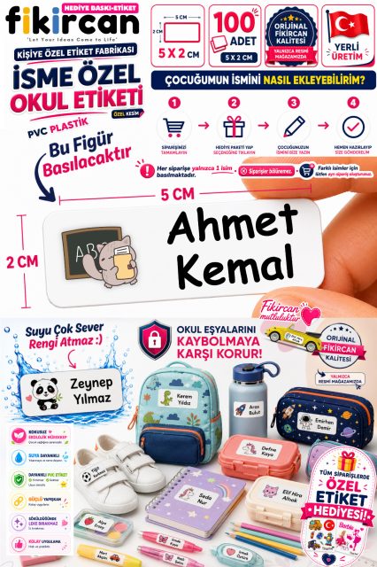 Isme Ozel Okul Etiketi - 100 Adet - 5 x 2 cm - PVC Etiket - FİGÜR 55