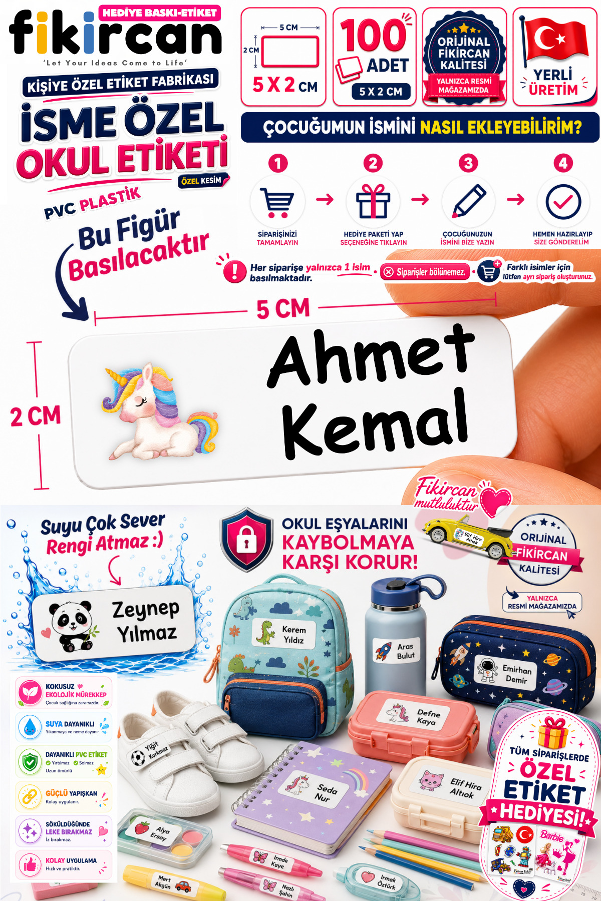 Isme Ozel Okul Etiketi - 100 Adet - 5 x 2 cm - PVC Etiket - FİGÜR 8