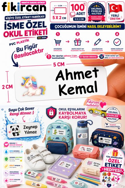 Isme Ozel Okul Etiketi - 100 Adet - 5 x 2 cm - PVC Etiket - FİGÜR 8