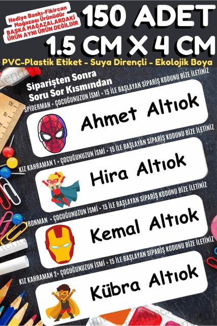 -isme Özel Okul Etiket Seti Kahramanlar - 150 Adet - Kokusuz Ekolojik Mürekkep Pvc Etiket