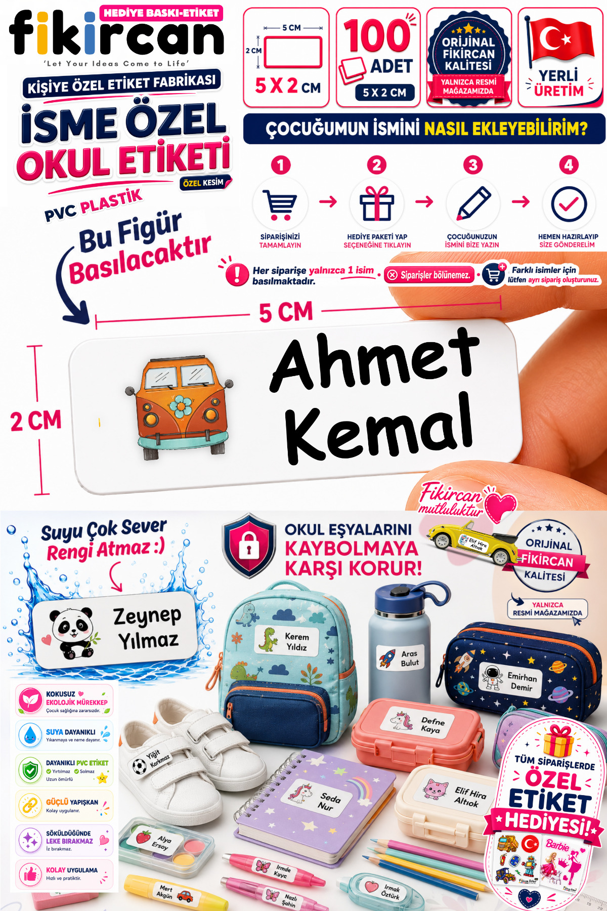 İsme Özel Okul Etiketi - 100 Adet - 5 x 2 cm - PVC Etiket - FİGÜR 78