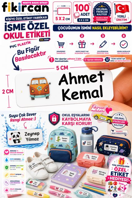 İsme Özel Okul Etiketi - 100 Adet - 5 x 2 cm - PVC Etiket - FİGÜR 78