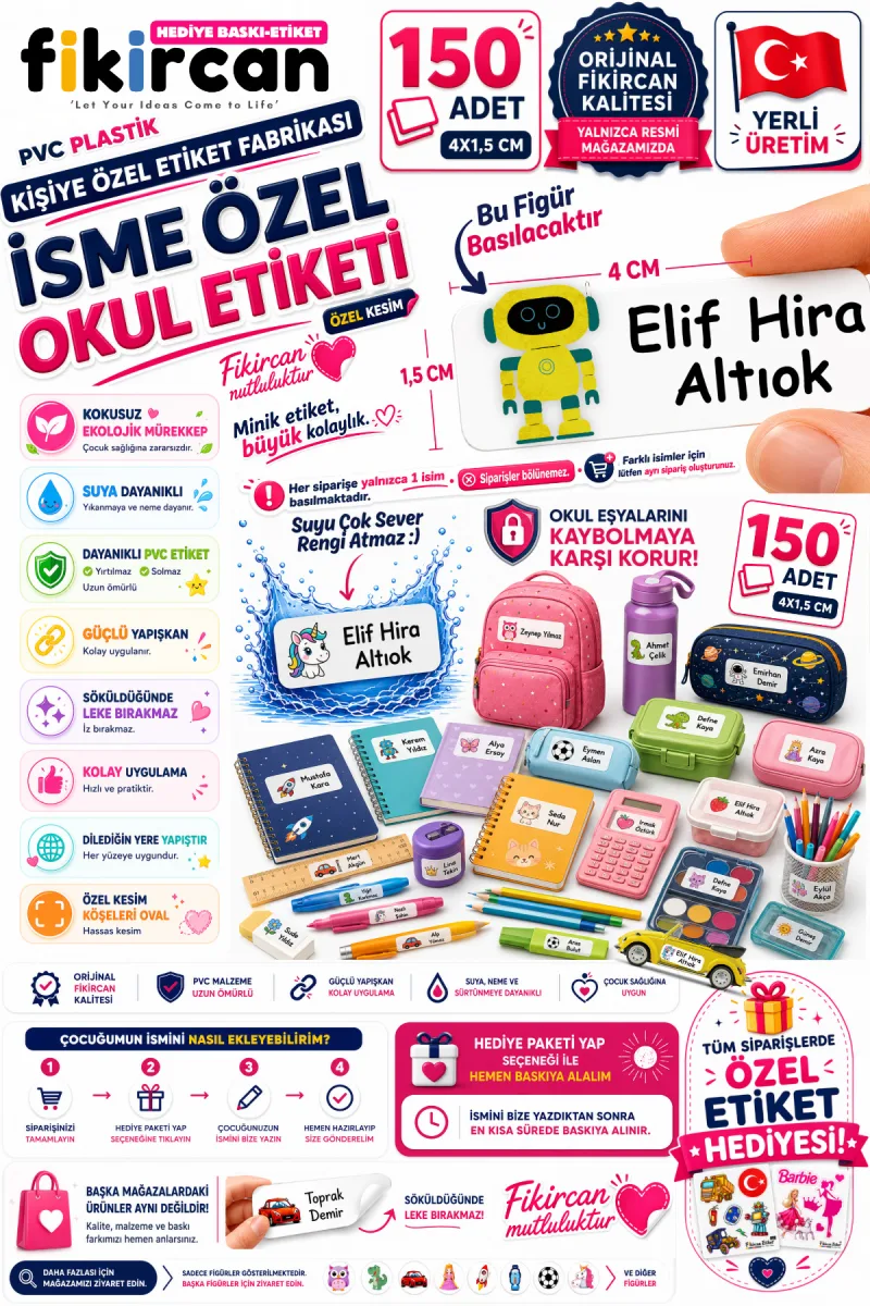 İsme Özel Okul Etiketi - 150 Adet - 1.5 x 4 cm - PVC Etiket - FİGÜR 74