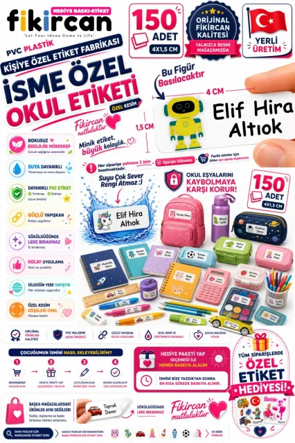 İsme Özel Okul Etiketi - 150 Adet - 1.5 x 4 cm - PVC Etiket - FİGÜR 74