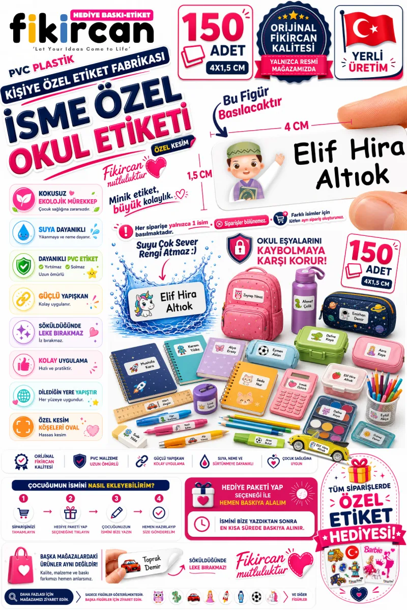 İsme Özel Okul Etiketi - 150 Adet - 1.5 x 4 cm - PVC Etiket - FİGÜR 139